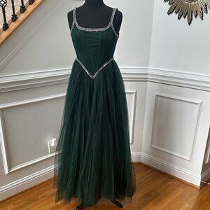 Elegant Dark Green Tulle Maxi Dress with Silver Beaded Trim Dress.